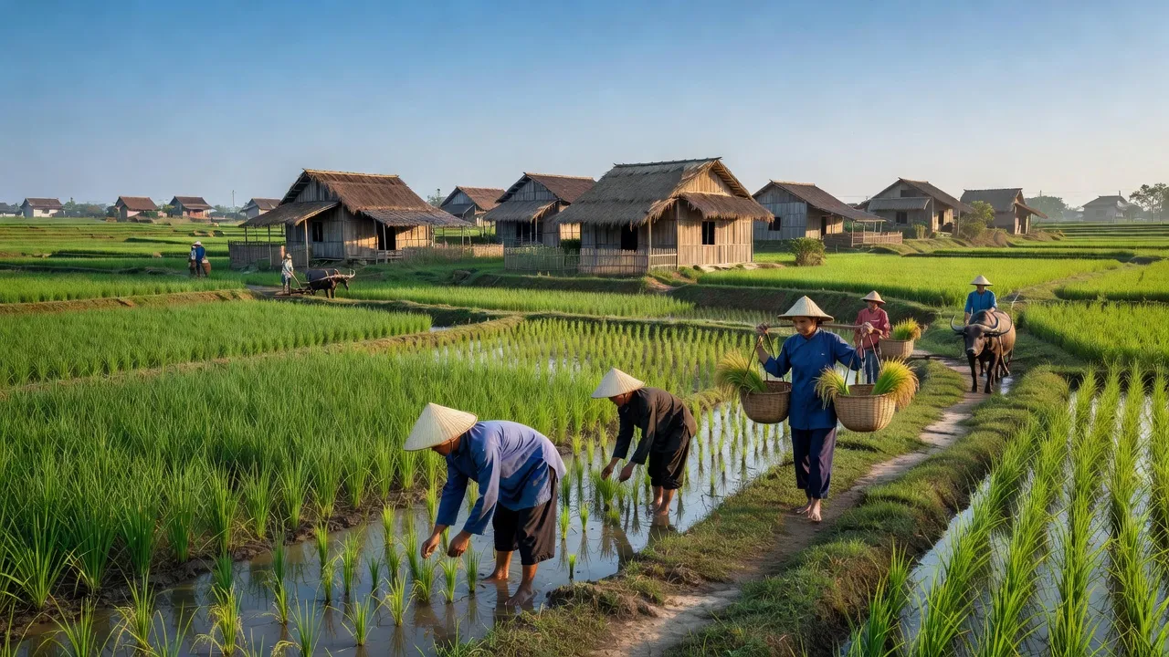 Khung cảnh làng Việt Tiến, huyện Vĩnh Bảo, Hải Phòng với đồng lúa xanh tươi và nhà truyền thống.
