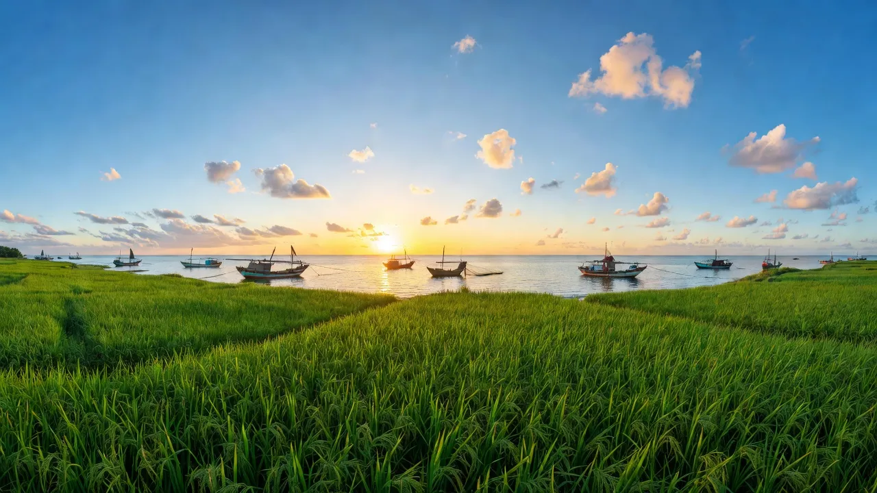 Khung cảnh bình yên tại xã Vĩnh Hải, huyện Vĩnh Bảo, Hải Phòng với cánh đồng và biển.