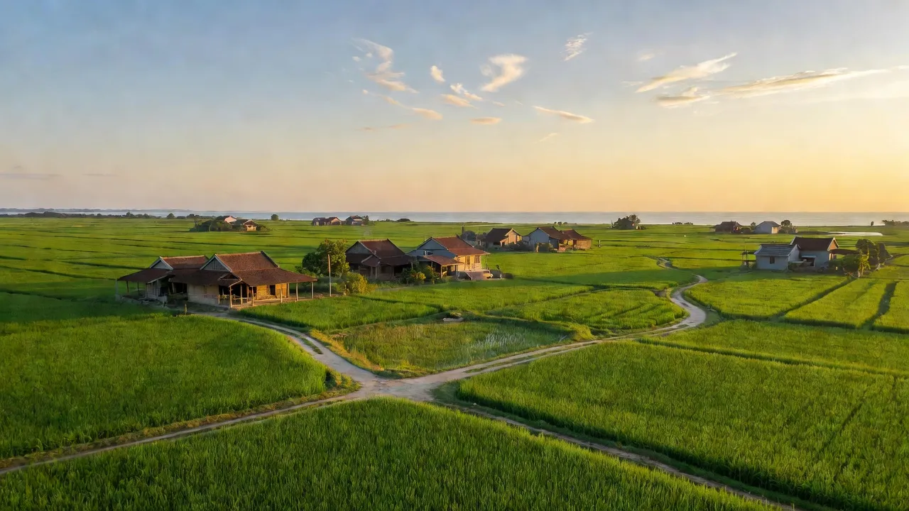 Landscape of Vĩnh Hoà, Hải Phòng, featuring rice fields and traditional houses under blue sky.