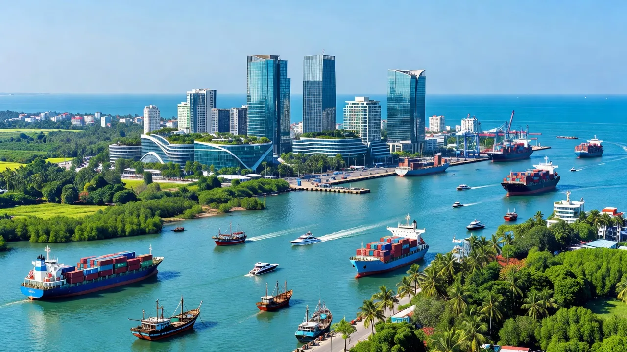 Thành phố Hải Phòng ven biển với cảng biển hoạt động nhộn nhịp và kiến trúc hiện đại.