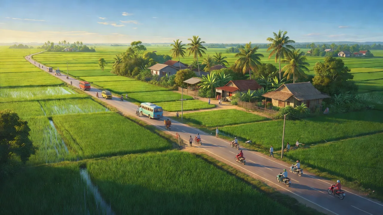 Cảnh quan huyện Châu Thành A, Hậu Giang với cánh đồng xanh và giao thông nhộn nhịp.