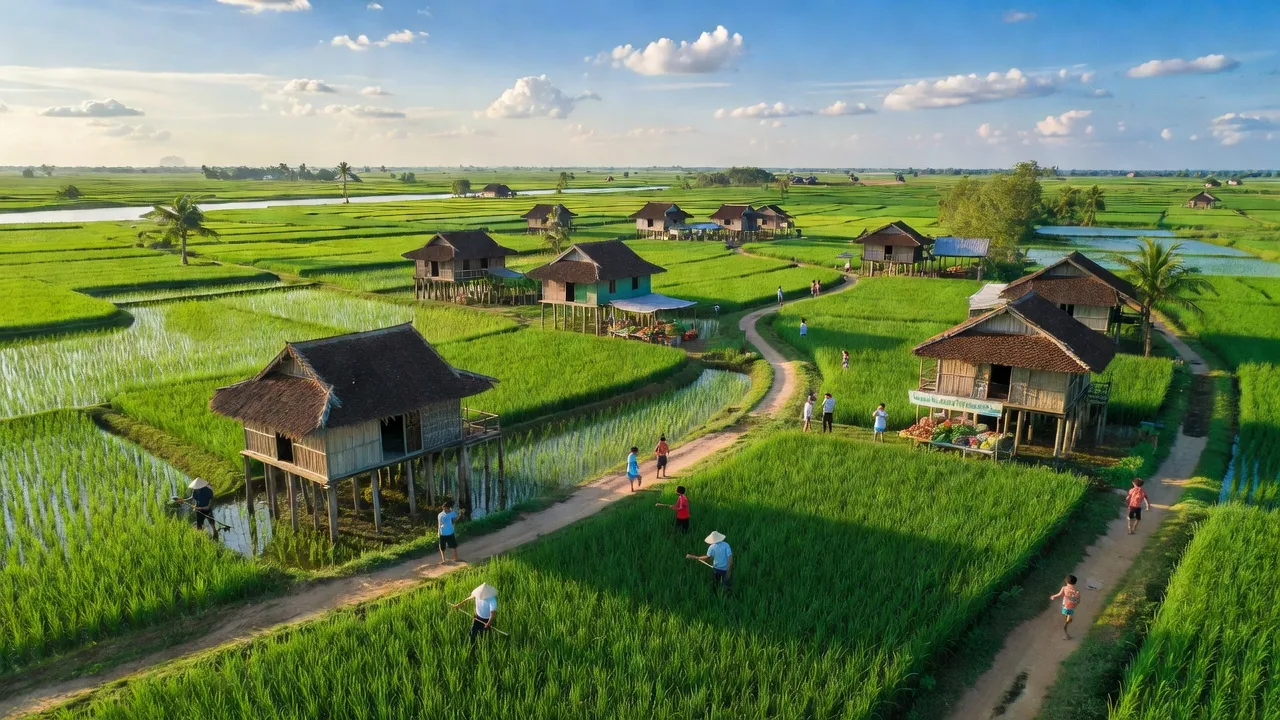 Khung cảnh huyện Châu Thành A, tỉnh Hậu Giang với cánh đồng xanh và nhà truyền thống.