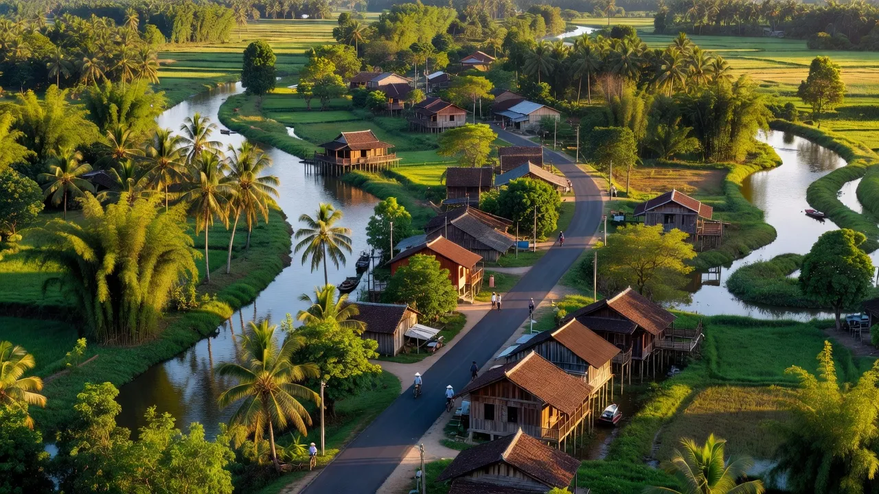 Khung cảnh thị trấn Bảy Ngàn, huyện Châu Thành A, tỉnh Hậu Giang với đường và cây xanh.