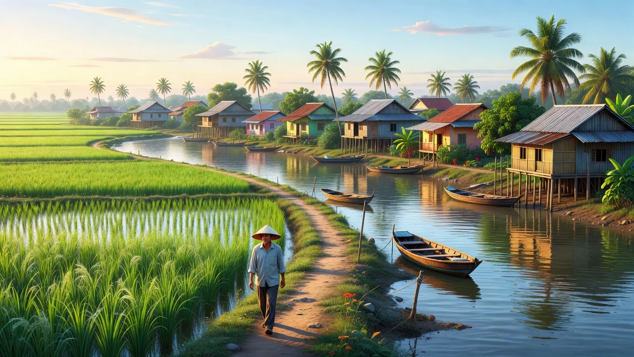 Thị trấn Bảy Ngàn, huyện Châu Thành A, tỉnh Hậu Giang với sông nước và cảnh sắc xanh tươi.