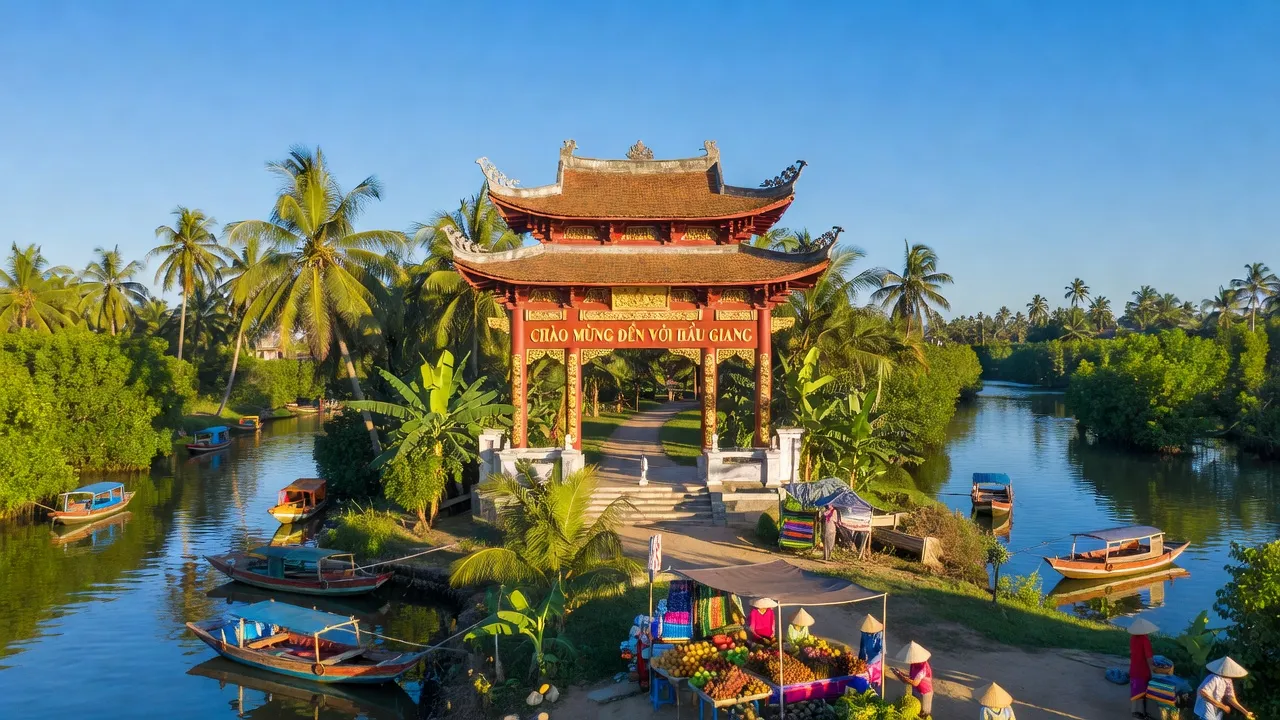 Cổng chào Hậu Giang tại thị trấn Cái Tắc, huyện Châu Thành A, tỉnh Hậu Giang với cảnh sắc tươi đẹp.