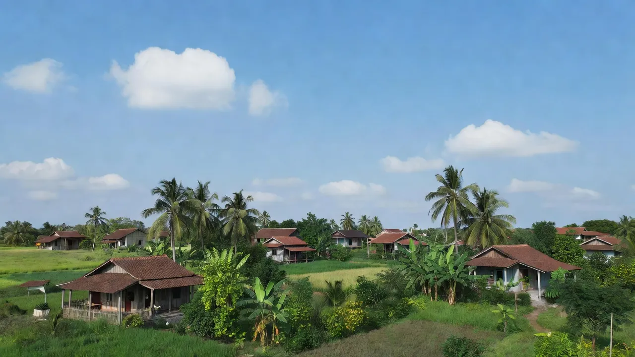 Thị trấn Một Ngàn, Châu Thành A, Hậu Giang, không gian sống xanh mát với nhà và cây cối.