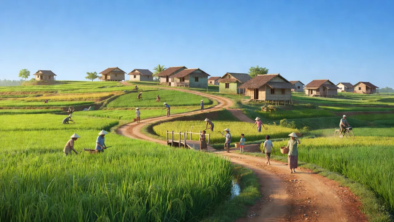 Thị trấn Một Ngàn, Huyện Châu Thành A, Tỉnh Hậu Giang với cảnh đẹp thanh bình, ruộng lúa xanh và bầu trời trong.