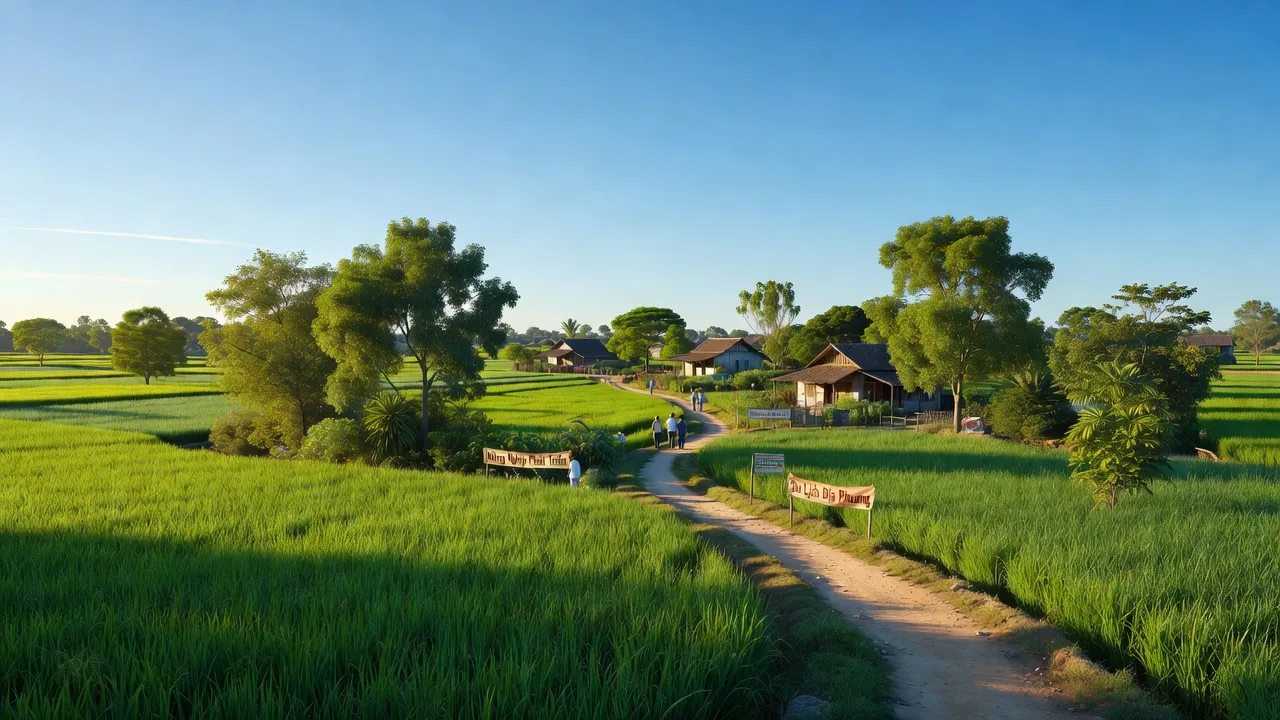 Cảnh nông thôn xã Nhơn Nghĩa A, huyện Châu Thành A, tỉnh Hậu Giang với đồng xanh, cây cối và đường nhỏ.