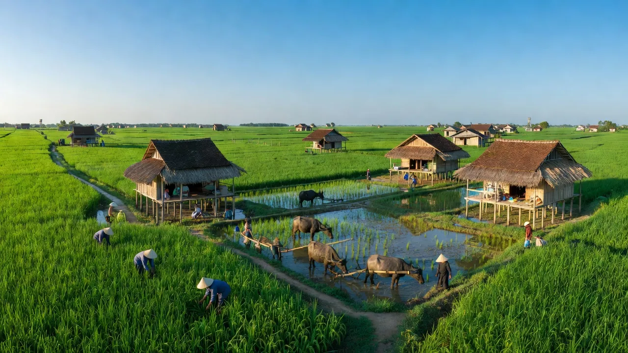 Cảnh sắc vùng nông thôn Nhơn Nghĩa A, huyện Châu Thành A, tỉnh Hậu Giang, với những cánh đồng xanh tươi.