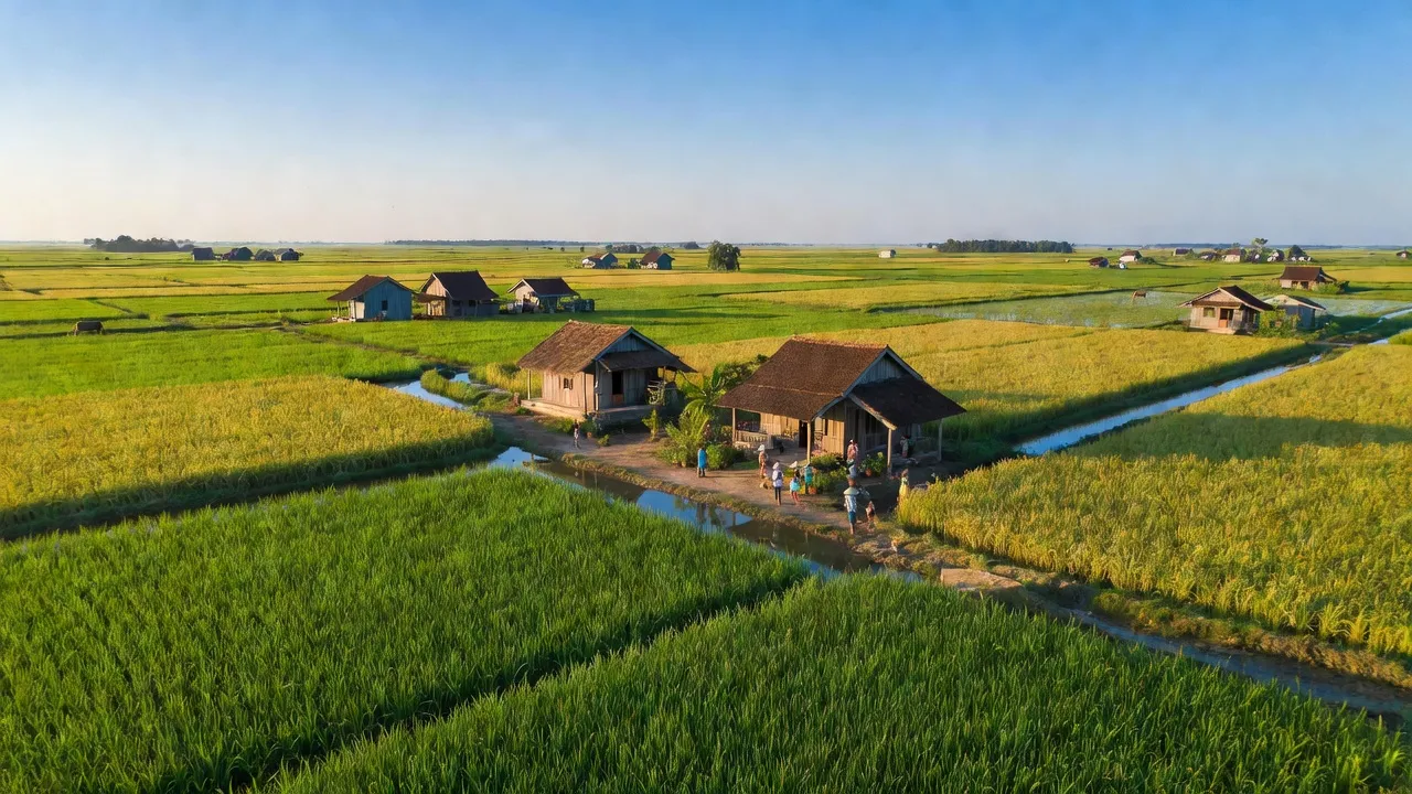 Cảnh quan xã Thạnh Xuân, huyện Châu Thành A, tỉnh Hậu Giang với cánh đồng lúa xanh và ngôi nhà truyền thống.