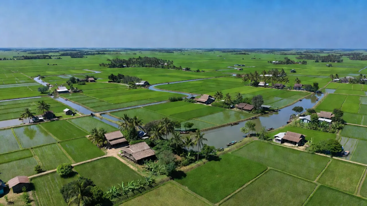 Khung cảnh đồng quê Thạnh Xuân, huyện Châu Thành A, tỉnh Hậu Giang với cánh đồng xanh và nhà truyền thống.