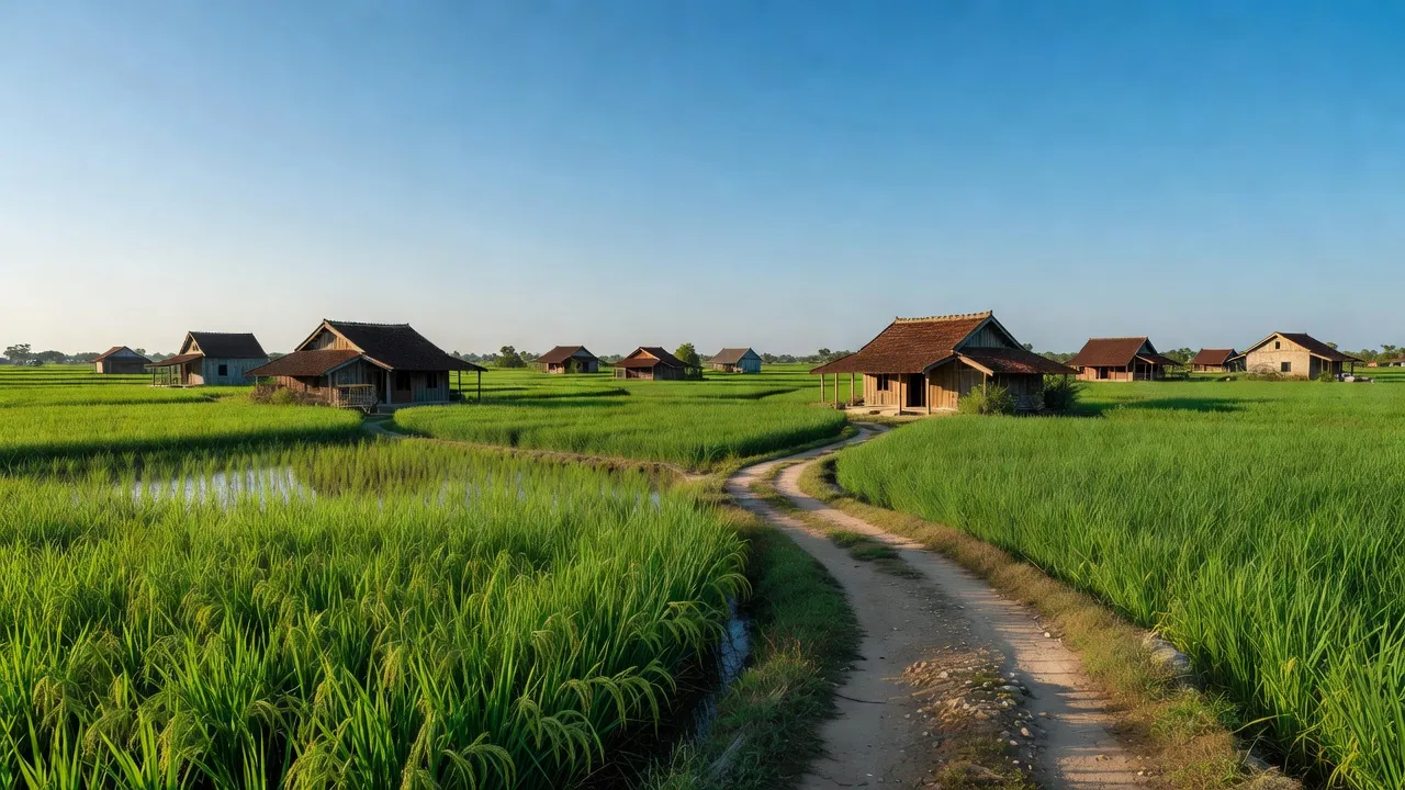 Cảnh đẹp đồng quê xã Trường Long A, huyện Châu Thành A, tỉnh Hậu Giang với ruộng xanh, nhà truyền thống.