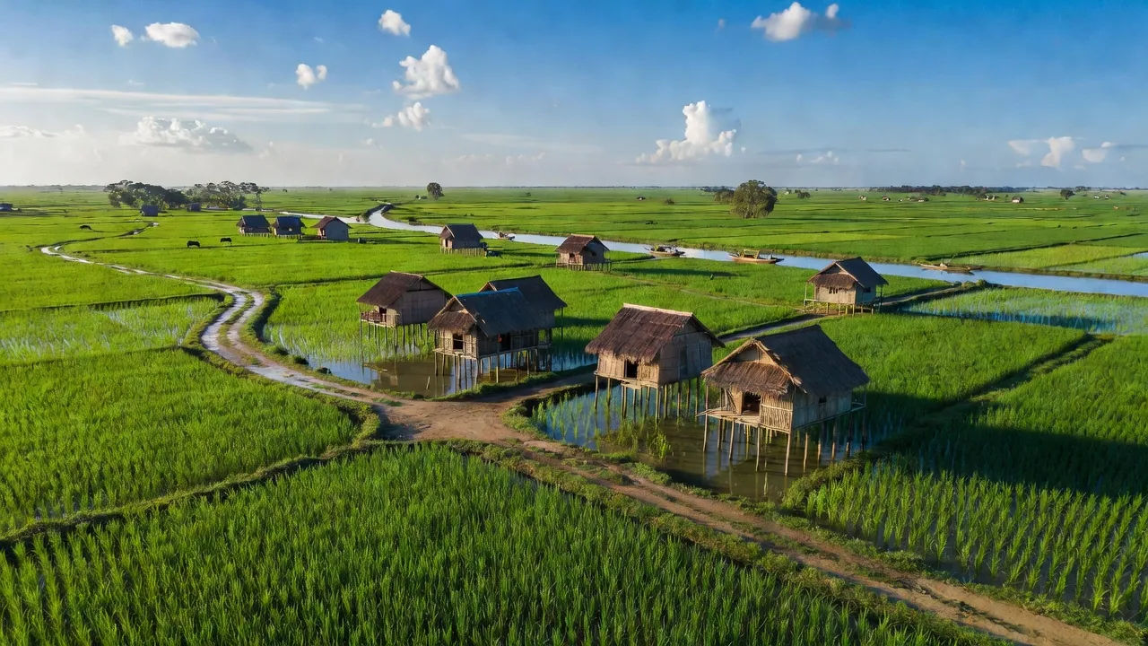 Cảnh đồng quê xanh tươi ở Xã Trường Long A, Huyện Châu Thành A, Tỉnh Hậu Giang, với nhà truyền thống và bầu trời xanh.