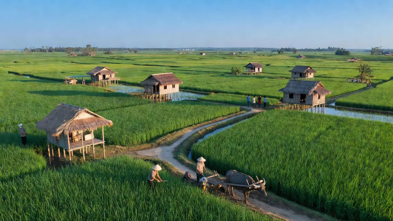 Khung cảnh thanh bình xã Trường Long Tây, Hậu Giang với cánh đồng xanh và nhà truyền thống.