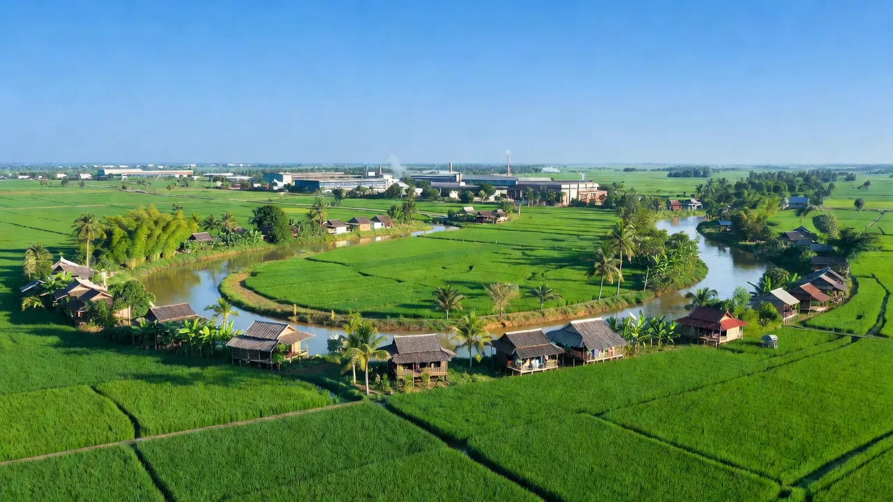 Khung cảnh huyện Châu Thành A, Hậu Giang với cánh đồng, sông ngòi và nhà truyền thống.