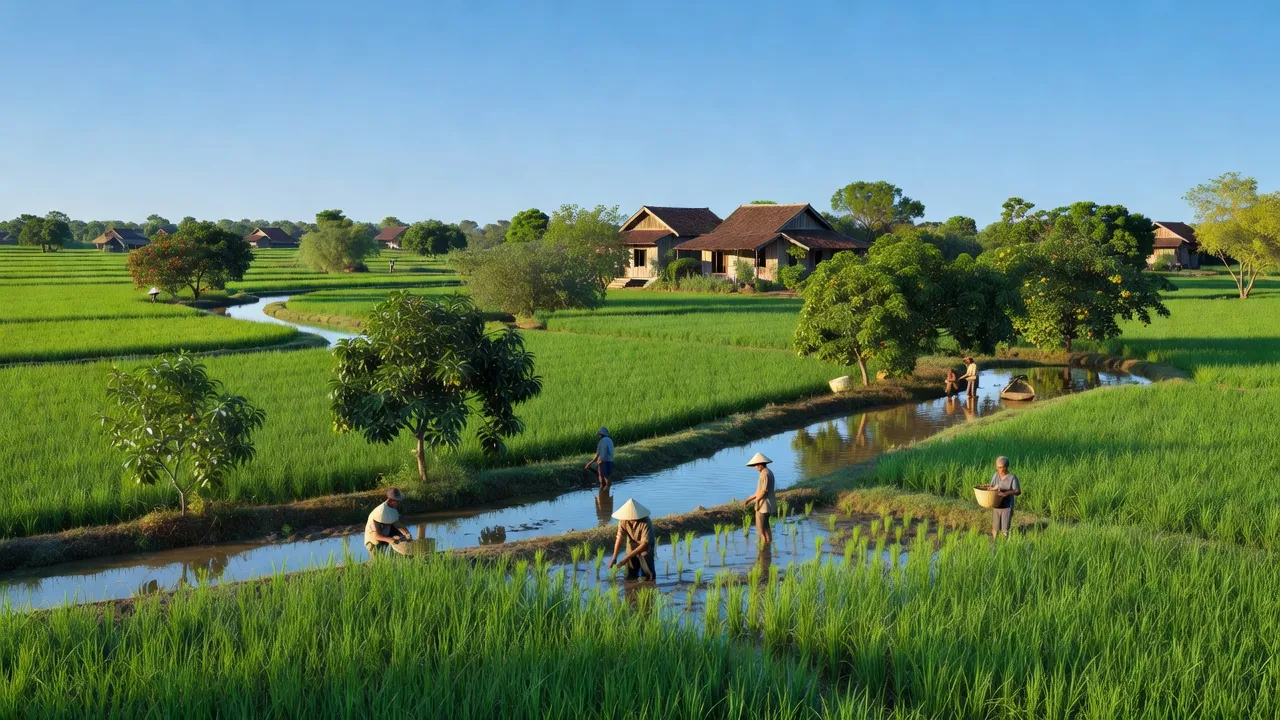 Cánh đồng xanh tươi ở xã Đông Phú, huyện Châu Thành, tỉnh Hậu Giang, nơi sản xuất lúa và trái cây.