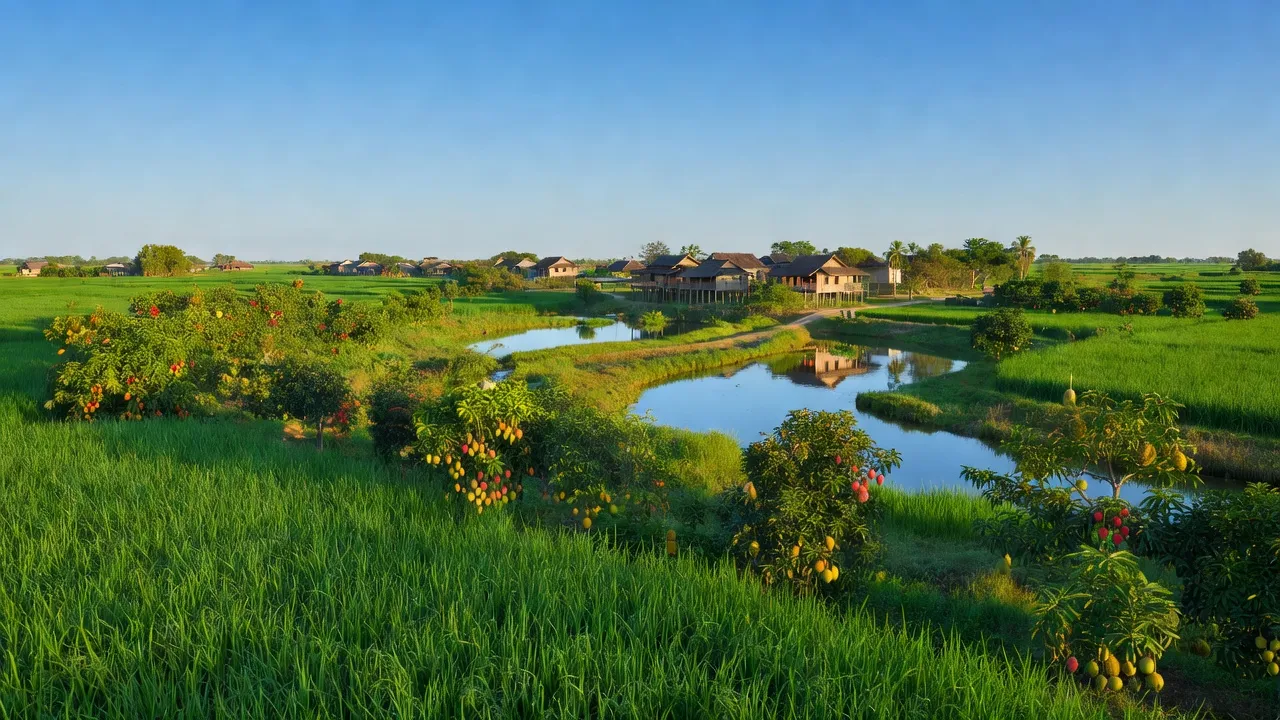 Cảnh quan xã Đông Phú, huyện Châu Thành, tỉnh Hậu Giang với đồng ruộng xanh tươi và cây ăn trái.