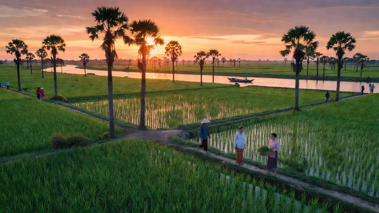 Cảnh đẹp xã Đông Phước A, huyện Châu Thành, tỉnh Hậu Giang với ruộng lúa và trời hoàng hôn.