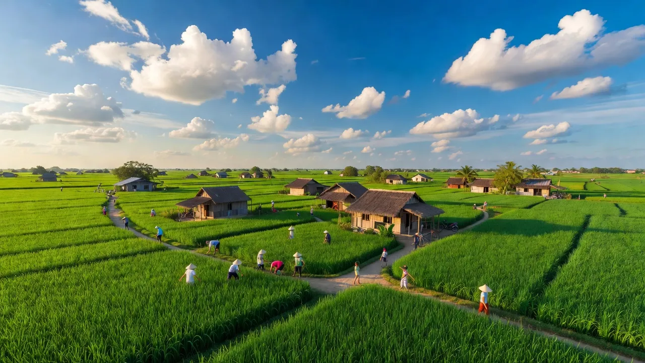 Khung cảnh Đông Phước A, Huyện Châu Thành, Hậu Giang với đồng lúa xanh tươi và nhà cửa nông thôn.