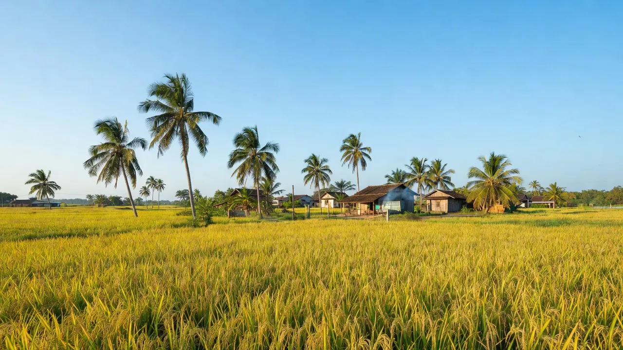 Cảnh nông thôn Đông Phước, huyện Châu Thành, Hậu Giang với cánh đồng lúa và cây dừa.