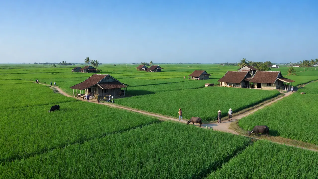 Khung cảnh yên bình tại xã Đông Phước, Huyện Châu Thành, tỉnh Hậu Giang, với cánh đồng xanh.