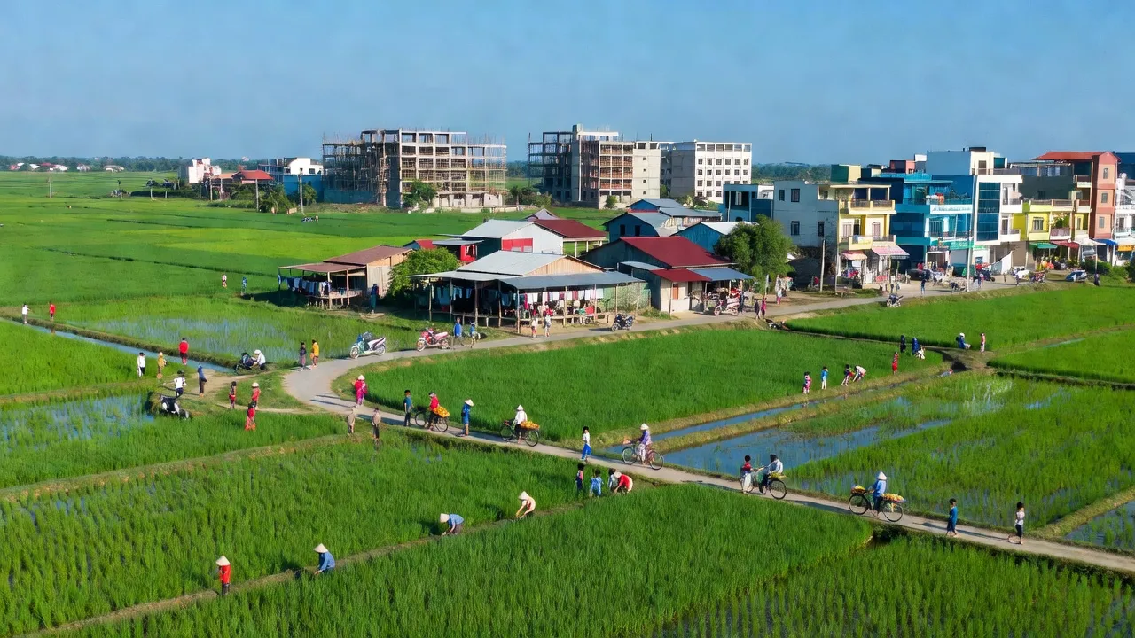 Cảnh sinh hoạt cộng đồng đông đúc ở xã Đông Thạnh, huyện Châu Thành, tỉnh Hậu Giang, với trời trong xanh.