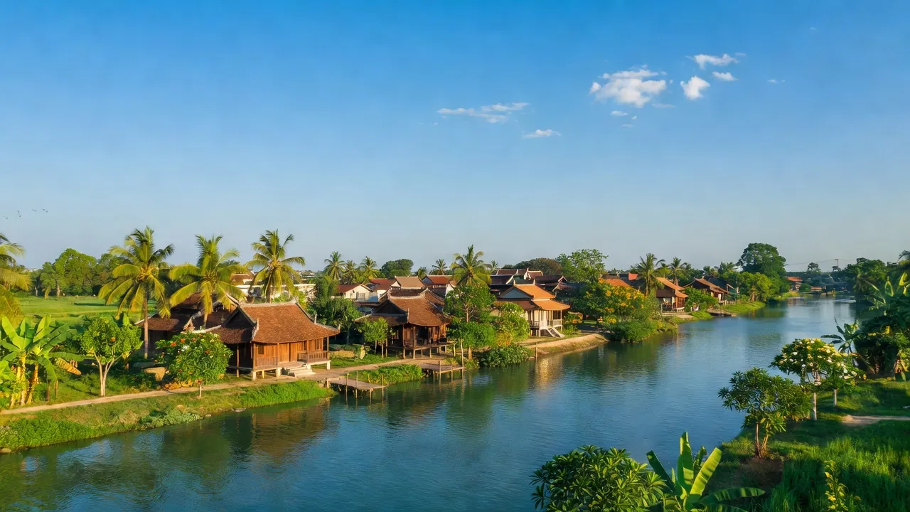 Thị trấn Mái Dầm, huyện Châu Thành, tỉnh Hậu Giang với dòng sông và cây cối xanh tươi.