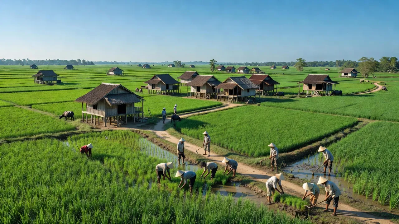Cảnh đẹp Xã Phú Hữu, Huyện Châu Thành, Hậu Giang với đồng lúa xanh tươi và nhà dân.