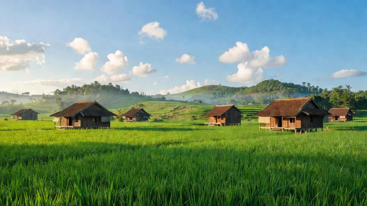 Khung cảnh Xã Phú Hữu ở Hậu Giang với cánh đồng xanh và nhà truyền thống, không khí yên bình.