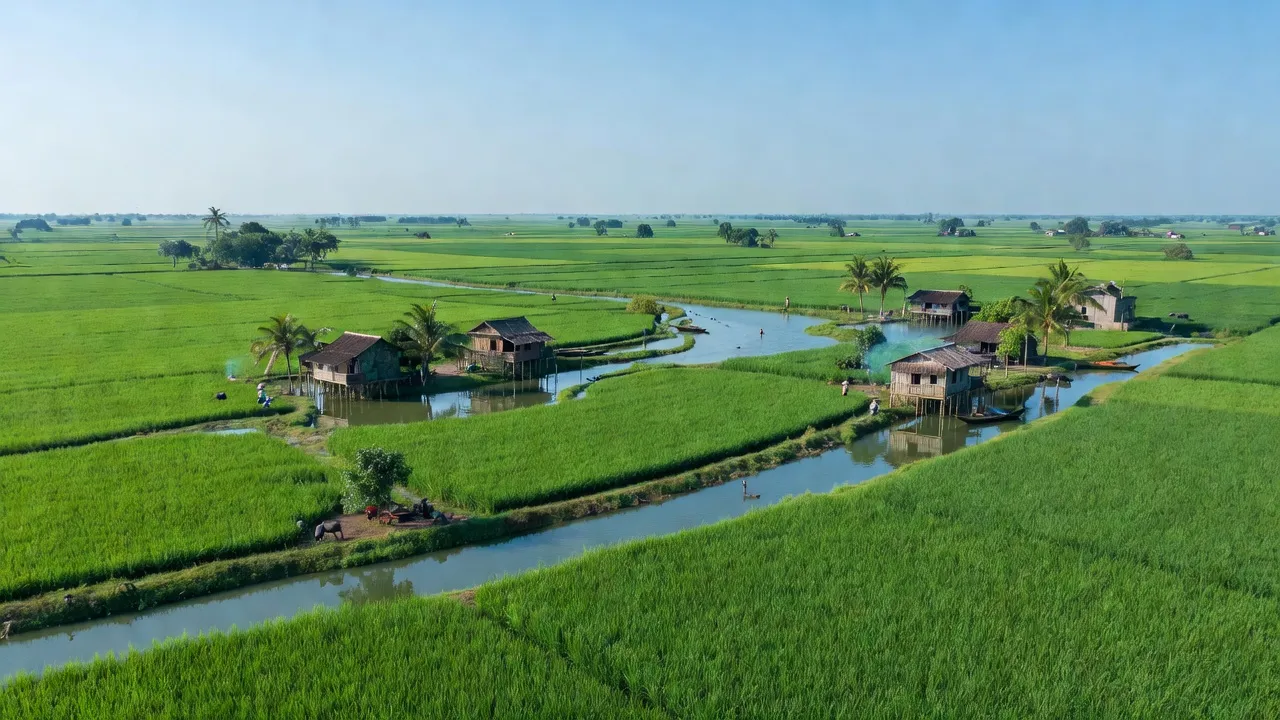Cảnh sắc thanh bình tại xã Phú Tân, huyện Châu Thành, tỉnh Hậu Giang, với cánh đồng xanh tươi.