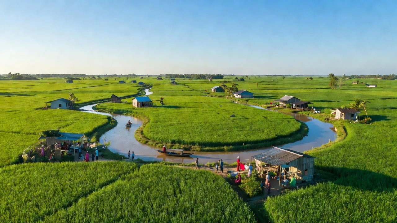 Khung cảnh xã Phú Tân huyện Châu Thành Hậu Giang, cánh đồng xanh và dòng sông uốn lượn.