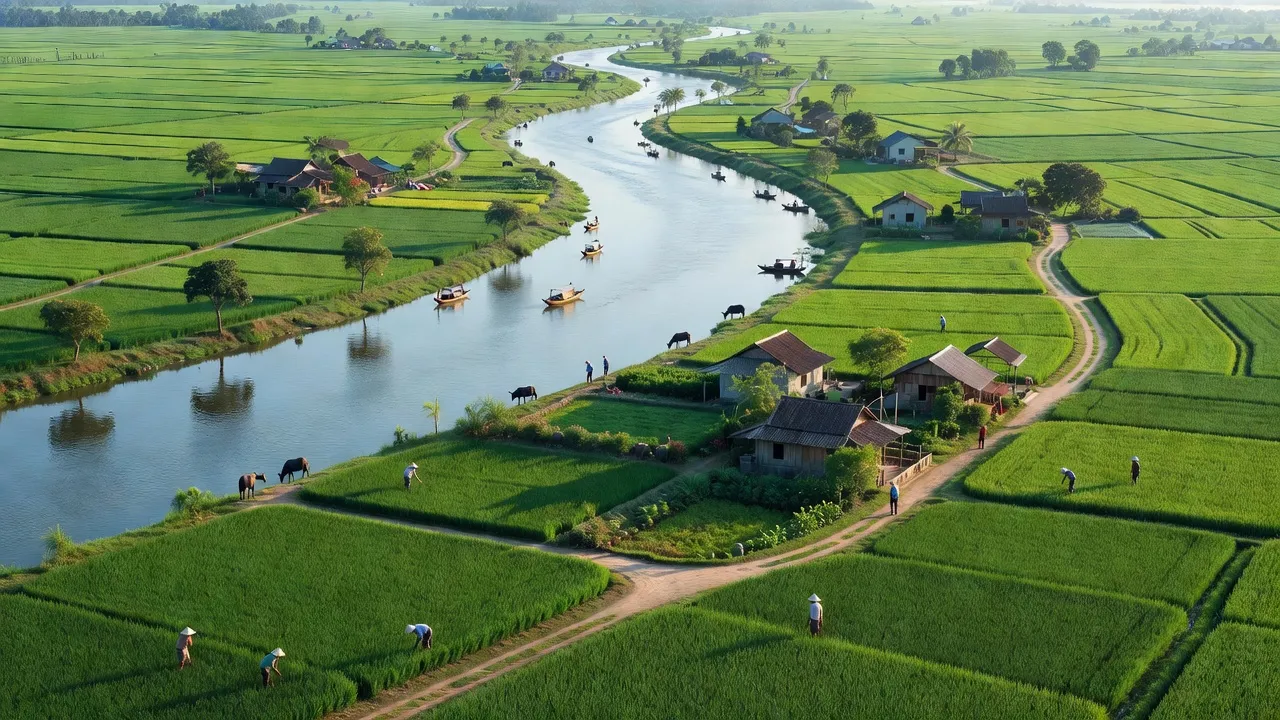 Cảnh quan huyện Long Mỹ, Hậu Giang với cánh đồng xanh và dòng sông Hậu nổi bật.