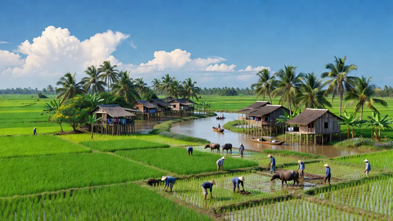 Khung cảnh huyện Long Mỹ, Hậu Giang với cánh đồng xanh, sông nước và cuộc sống nông thôn sôi động.