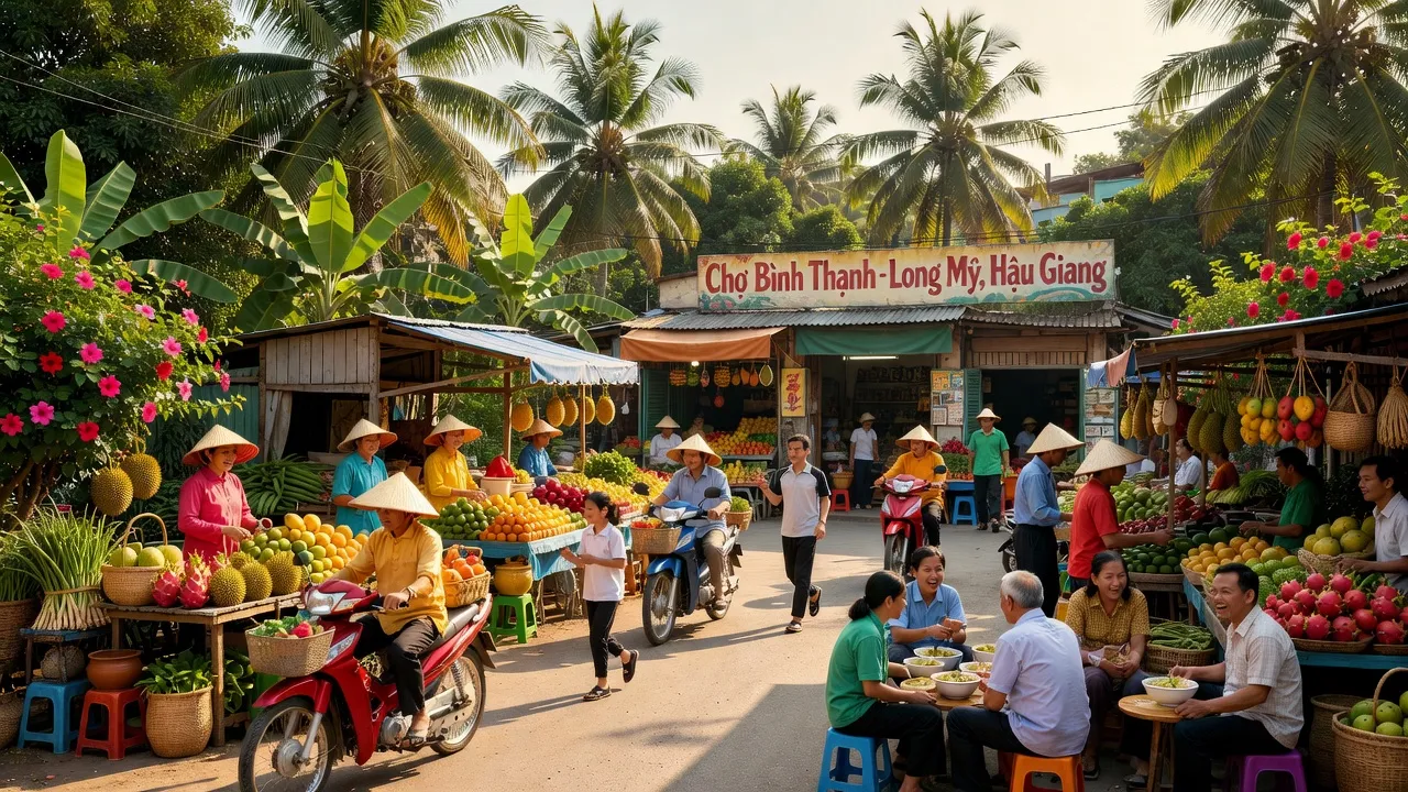Cảnh sắc sống động của phường Bình Thạnh, Thị xã Long Mỹ, Tỉnh Hậu Giang, với chợ và đời sống thường nhật.