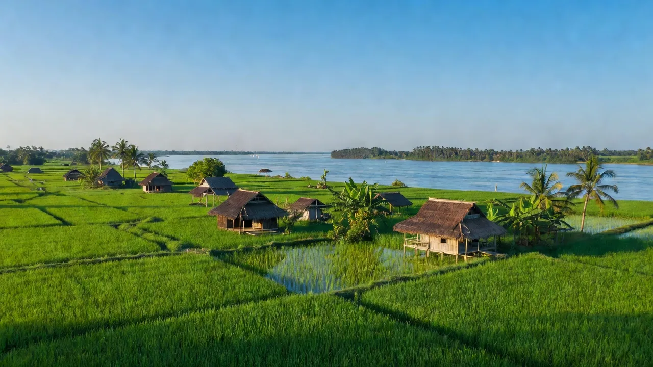 Khung cảnh yên bình tại xã Long Bình, Huyện Long Mỹ, với cánh đồng lúa xanh tươi và sông Mekong.