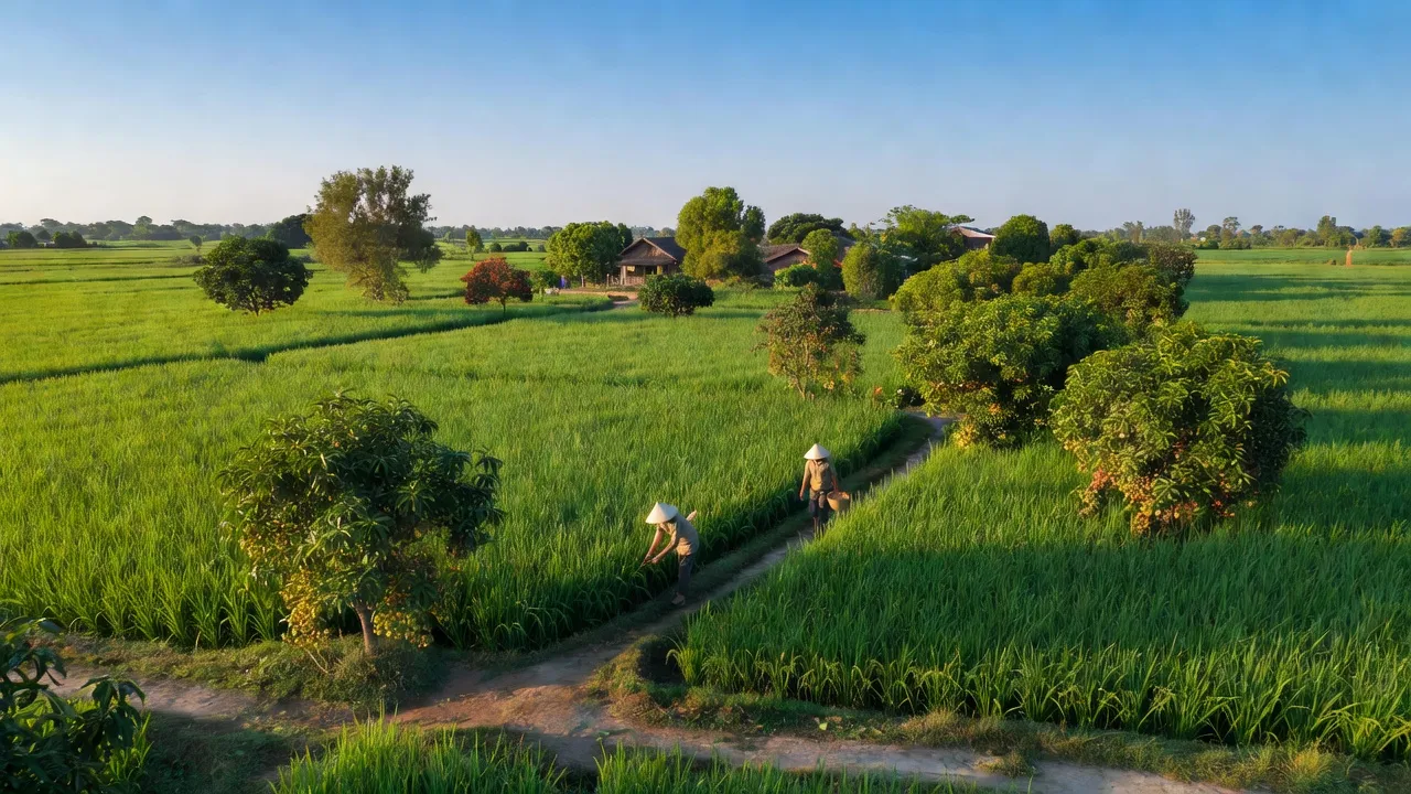 Cảnh đồng xanh Long Trị A, Hậu Giang, với ruộng lúa và cây ăn trái, thể hiện vẻ đẹp nông nghiệp.