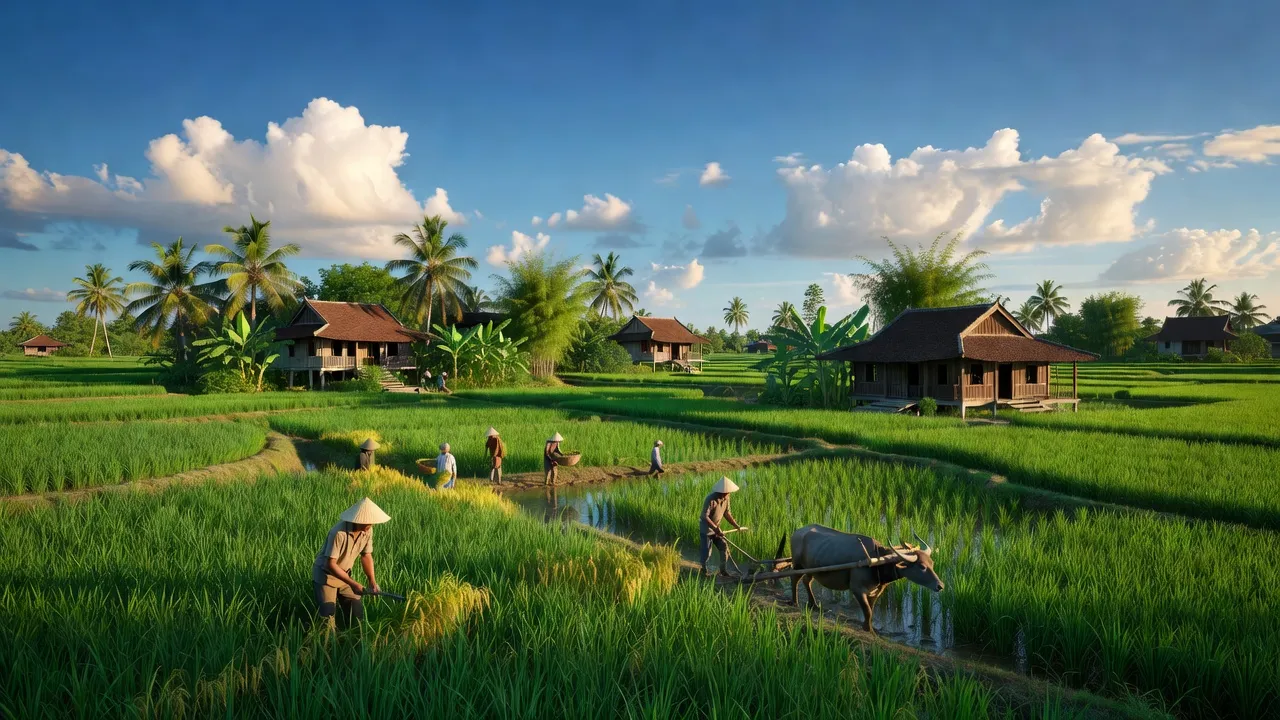 Cảnh quan xã Long Trị, huyện Long Mỹ, tỉnh Hậu Giang với ruộng lúa xanh và nhà truyền thống.