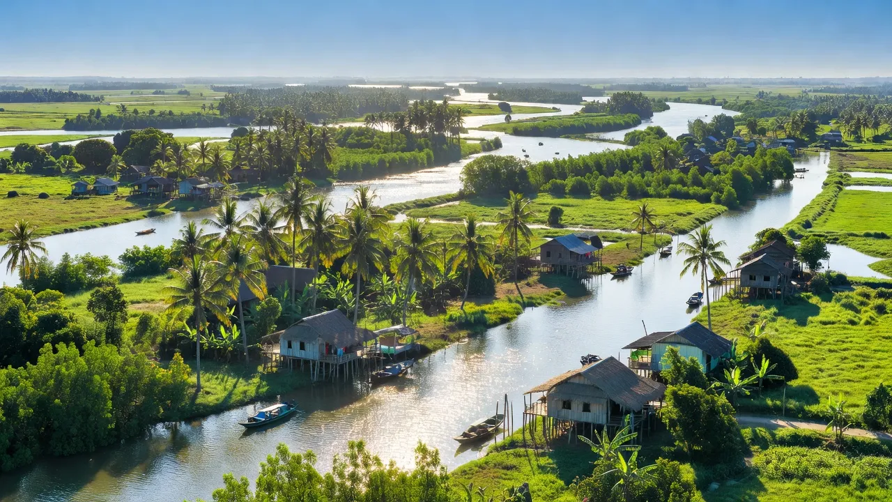 Cảnh quan xã Lương Nghĩa, huyện Long Mỹ, tỉnh Hậu Giang với sông nước và cây cối tươi mát.