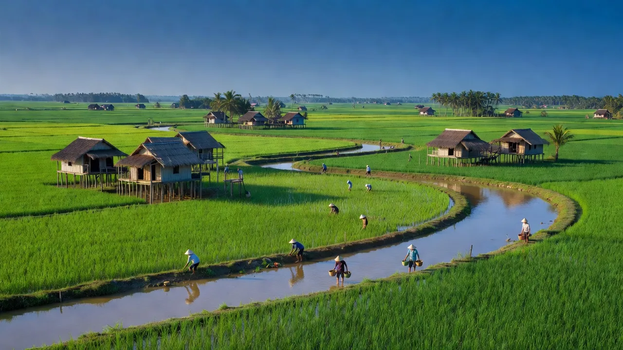 Cảnh quan yên bình xã Lương Nghĩa, huyện Long Mỹ, tỉnh Hậu Giang với đồng xanh và sông ngòi.