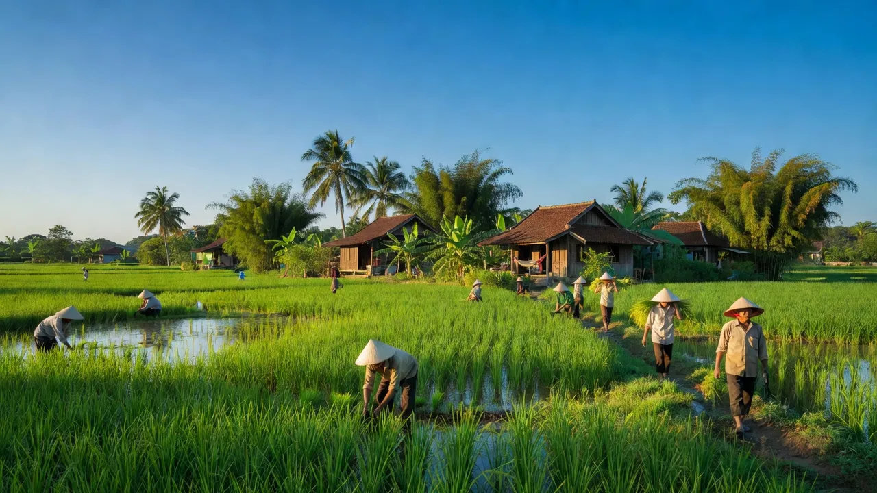 Cảnh đẹp nông thôn xã Lương Tâm, Huyện Long Mỹ, Tỉnh Hậu Giang, với cánh đồng và người nông dân.