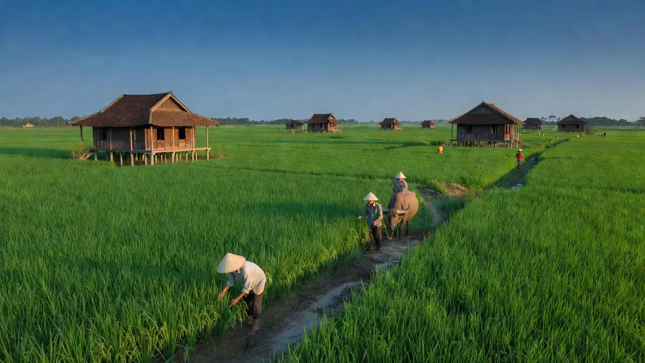 Phong cảnh nông thôn xã Tân Phú, huyện Long Mỹ, tỉnh Hậu Giang với cánh đồng xanh và nhà truyền thống.