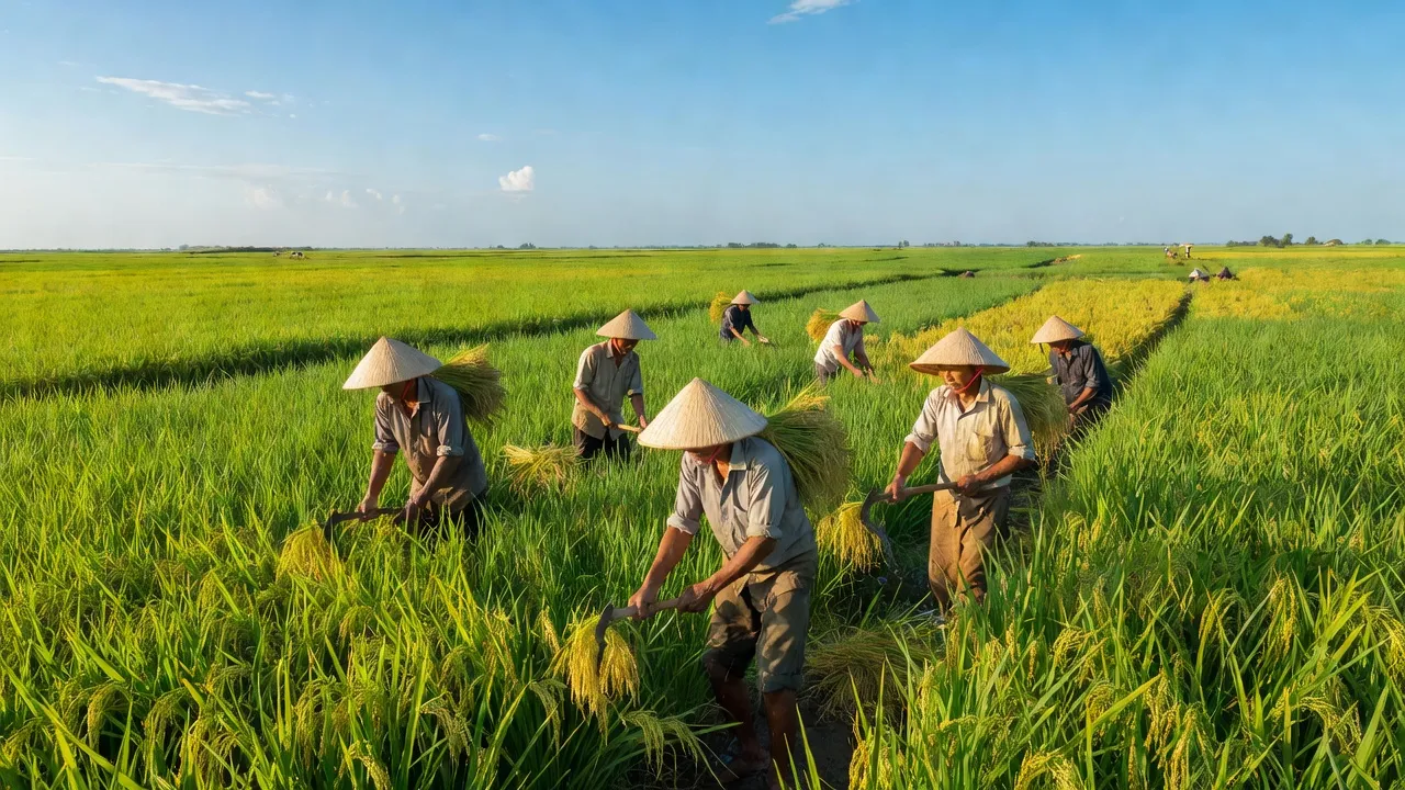 Cảnh đồng ruộng xã Thuận Hòa, Huyện Long Mỹ, tỉnh Hậu Giang với người nông dân và trời trong xanh.