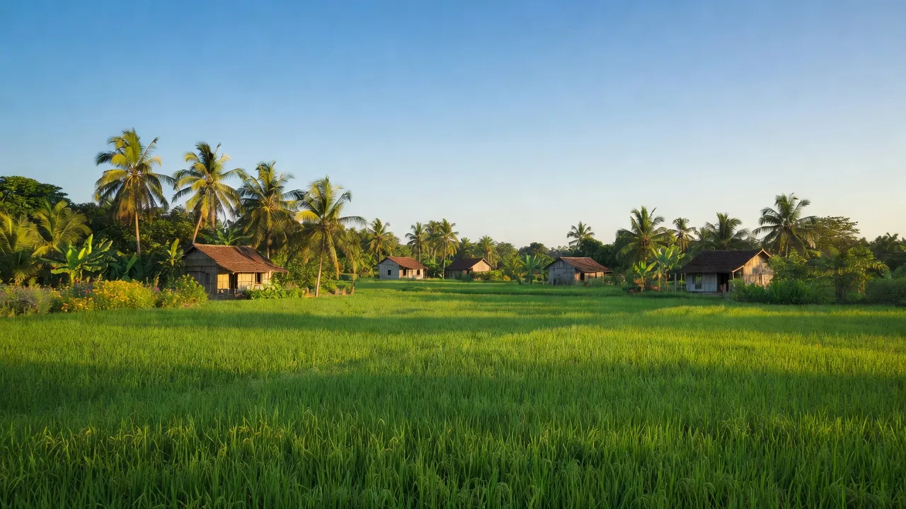 Cảnh quan nông thôn xã Thuận Hưng, huyện Long Mỹ, tỉnh Hậu Giang với cánh đồng xanh, nhà nông thôn.