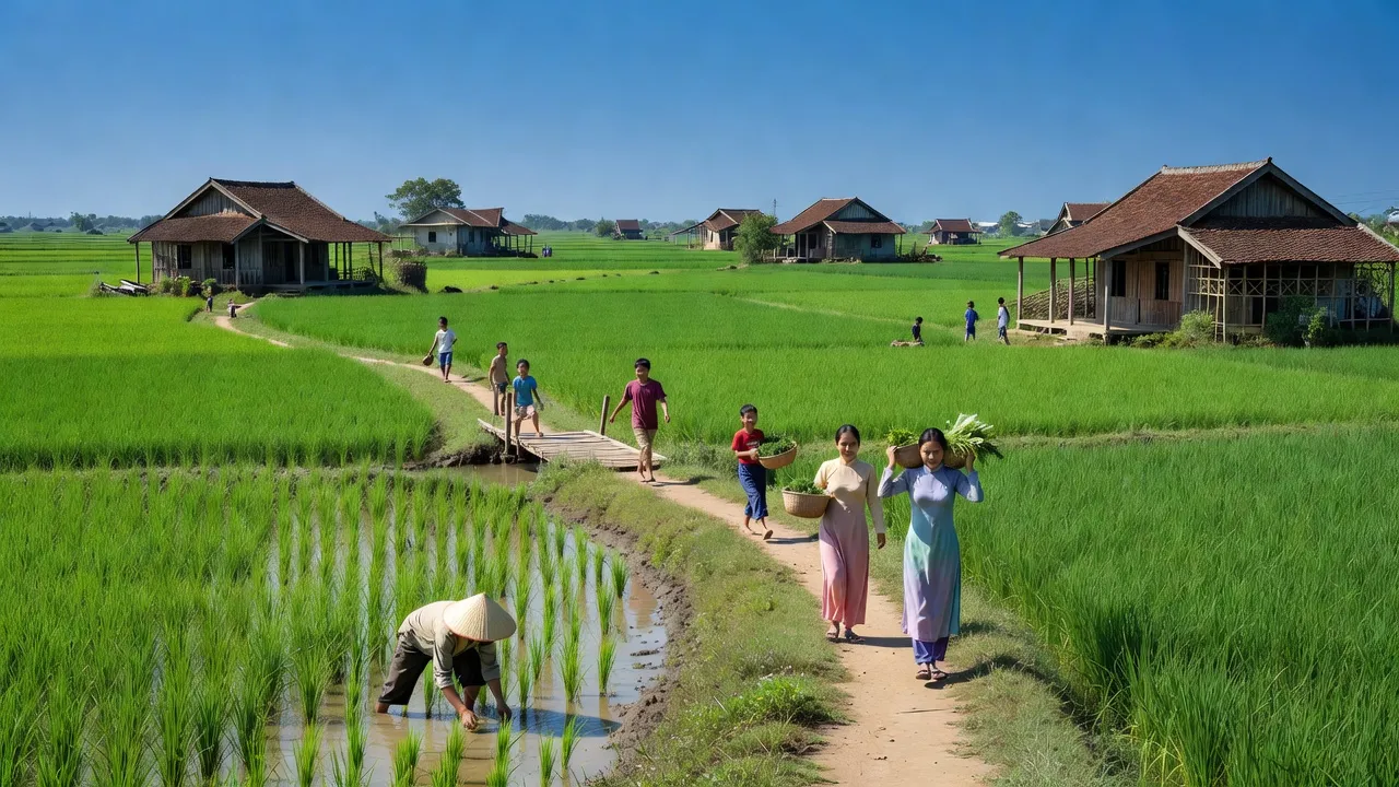 Phong cảnh Phường Trà Lồng huyện Long Mỹ, cây cối xanh tươi, kiến trúc Việt Nam truyền thống, trời xanh.