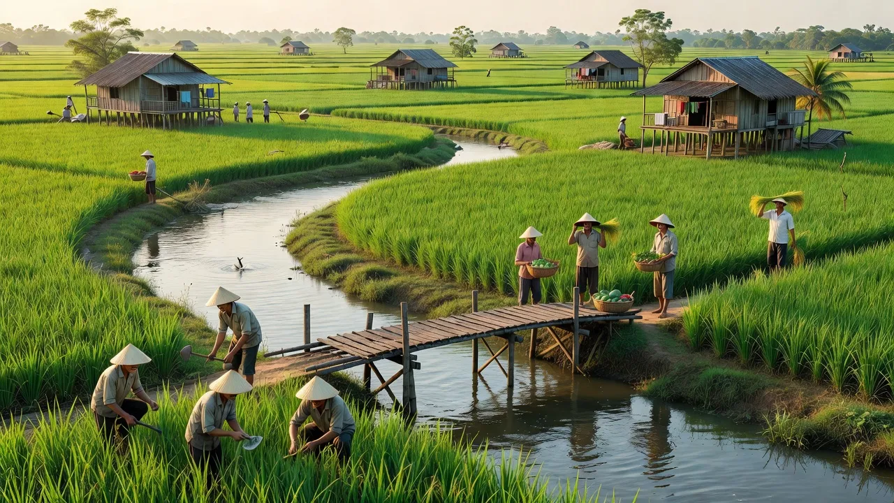 Cảnh đồng quê Vĩnh Thuận Đông, Long Mỹ, Hậu Giang với sông và cánh đồng xanh.