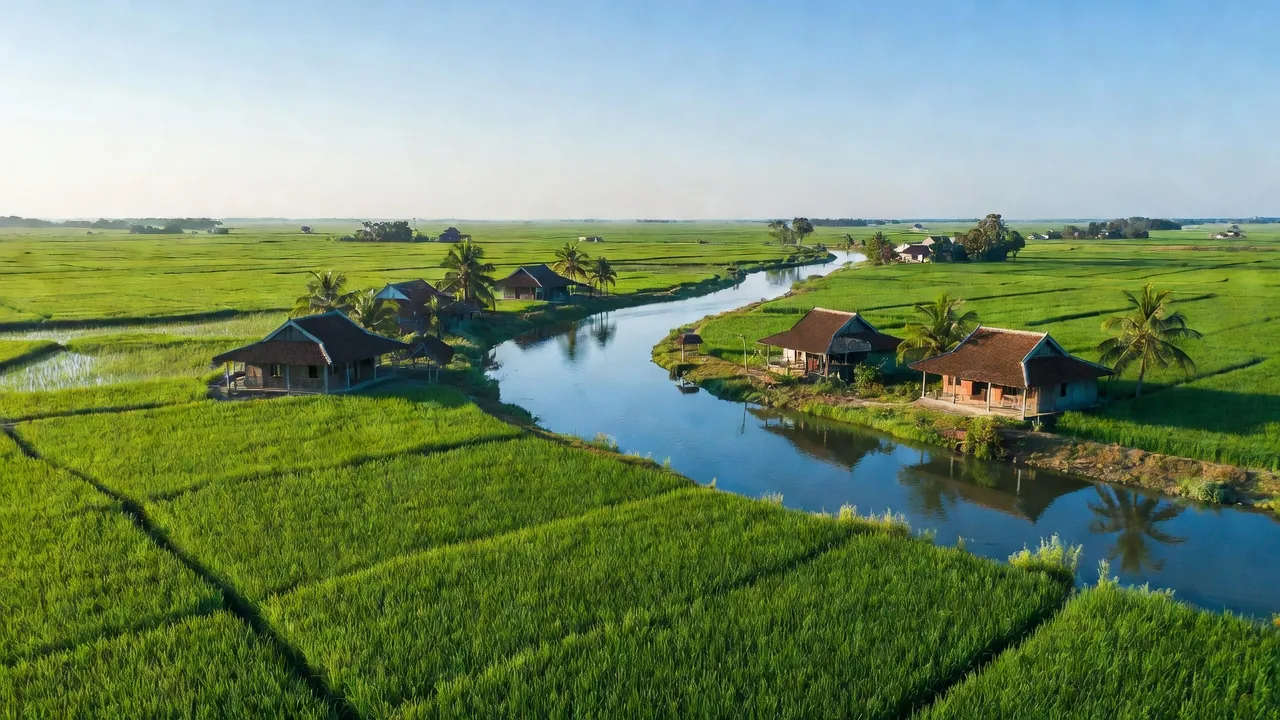 Vĩnh Thuận Đông, Long Mỹ, Hậu Giang with beautiful rice fields and traditional houses under clear blue skies.
