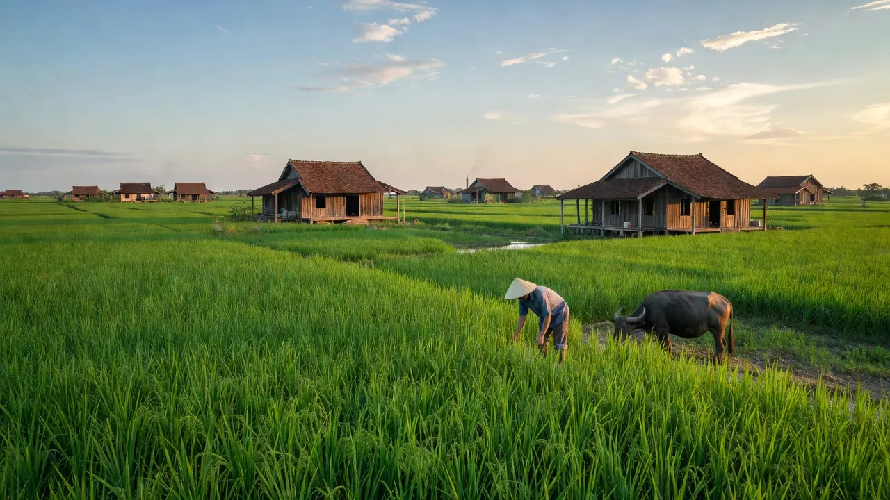 Khung cảnh yên bình của phường Vĩnh Tường, huyện Long Mỹ, Hậu Giang với cánh đồng xanh và nhà truyền thống.