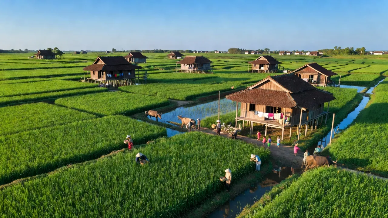 Cánh đồng xanh tươi ở xã Vĩnh Viễn A, huyện Long Mỹ, tỉnh Hậu Giang, Việt Nam, thể hiện nông thôn phát triển.