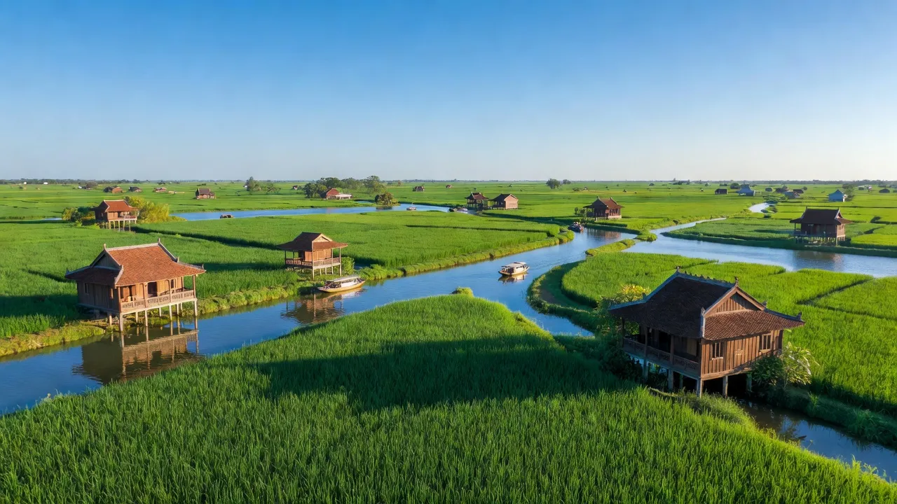 Thị trấn Vĩnh Viễn ở huyện Long Mỹ, tỉnh Hậu Giang, với cánh đồng xanh và kiến trúc truyền thống.