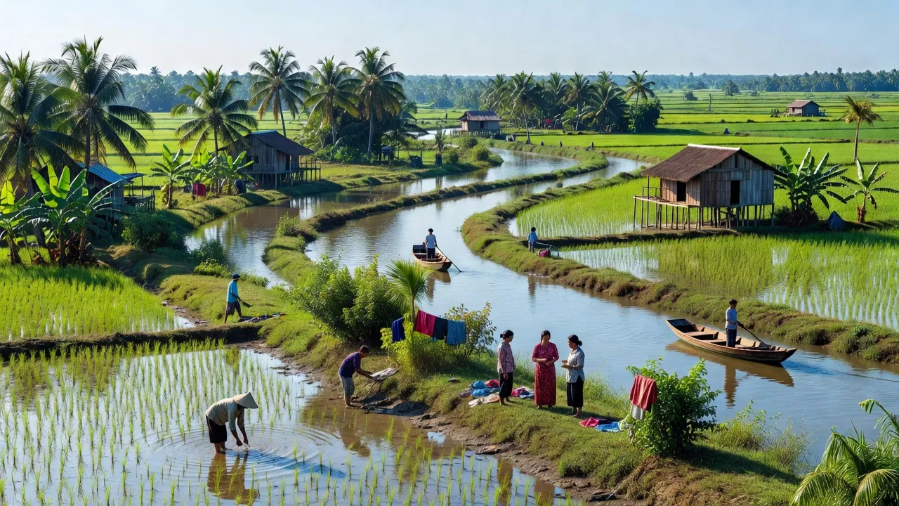 Đồng bằng tại xã Xà Phiên, huyện Long Mỹ, tỉnh Hậu Giang, kênh rạch và cây xanh, cuộc sống người dân.
